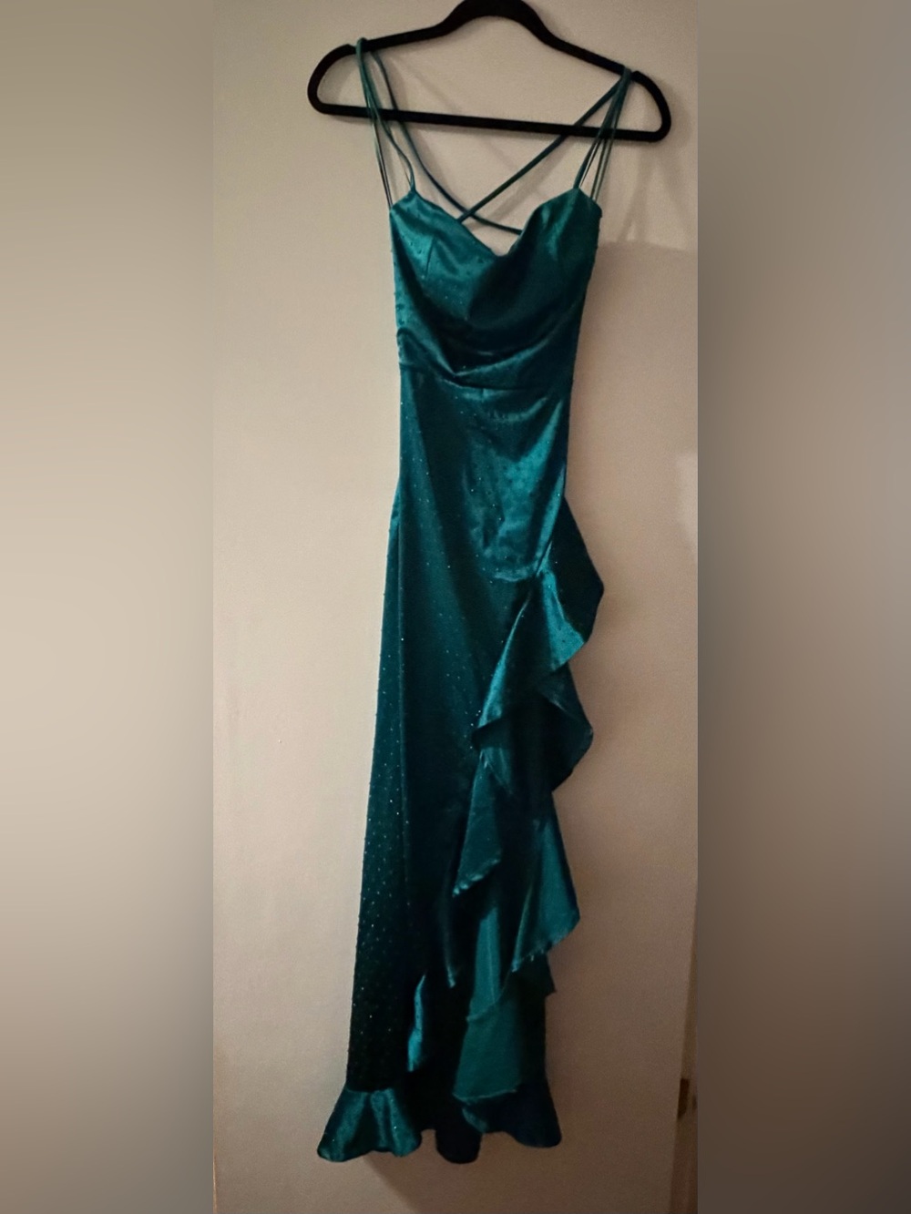Crystal Doll Emerald Velvet Ruffle Gown